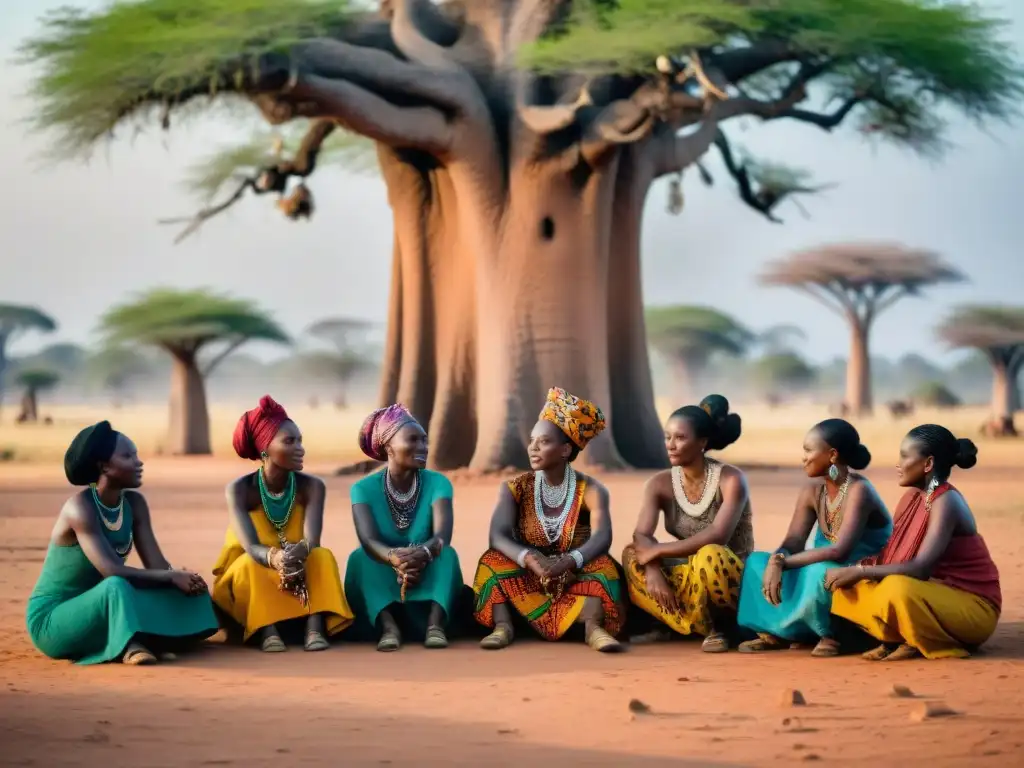 Mujeres de tribus africanas reunidas bajo un baobab, discutiendo con determinación