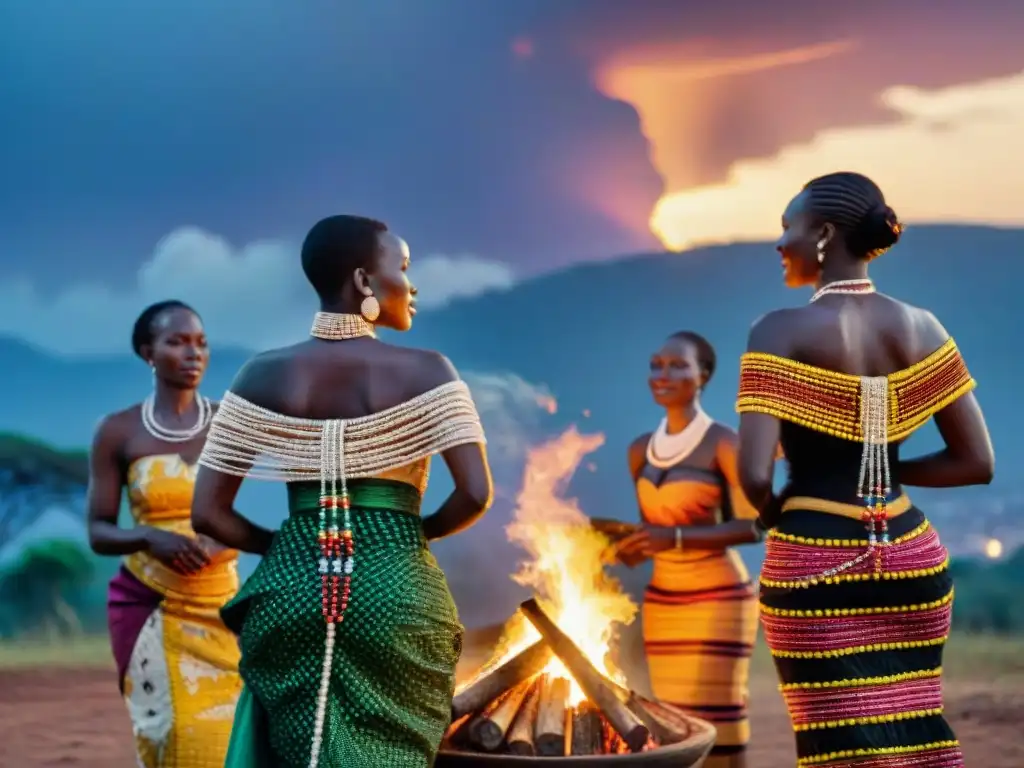 Mujeres ugandesas en danza tradicional frente a la ciudad, simbolizando Uganda entre tradición y modernidad