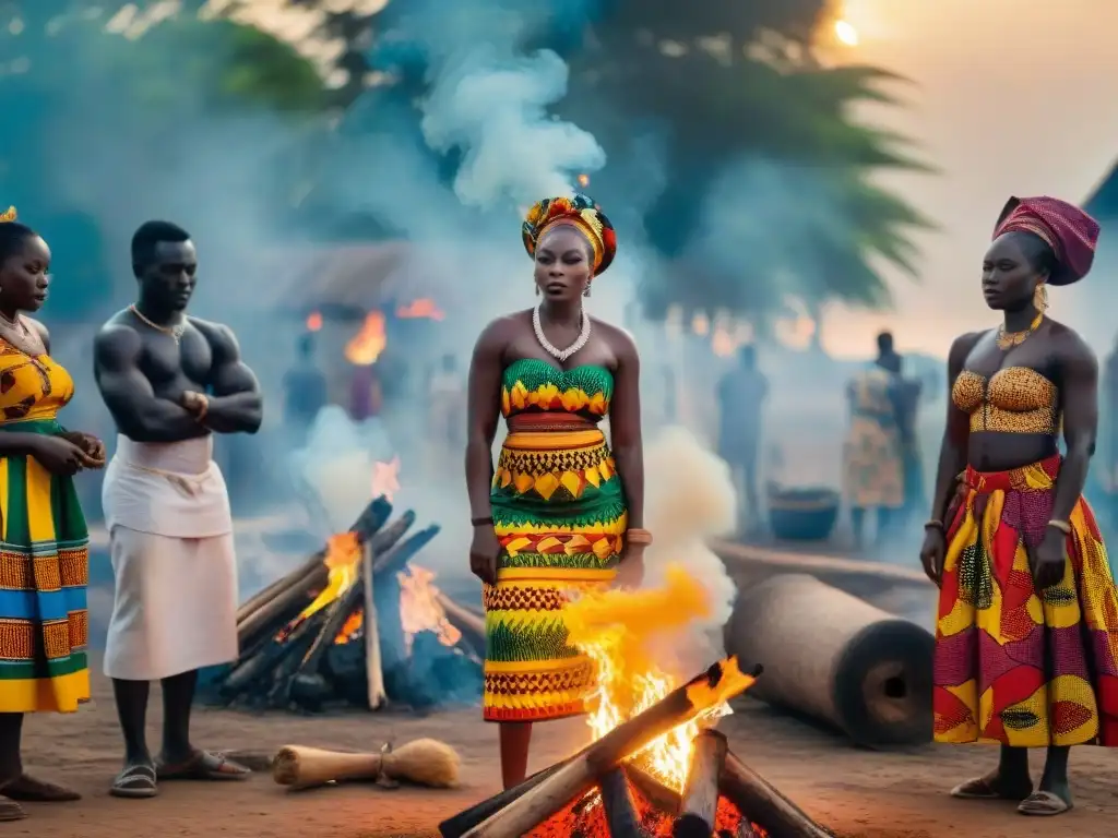 Mujeres vestidas con trajes tradicionales de Ghana participando en el ritual El Ankobea alrededor de una gran hoguera ceremonial