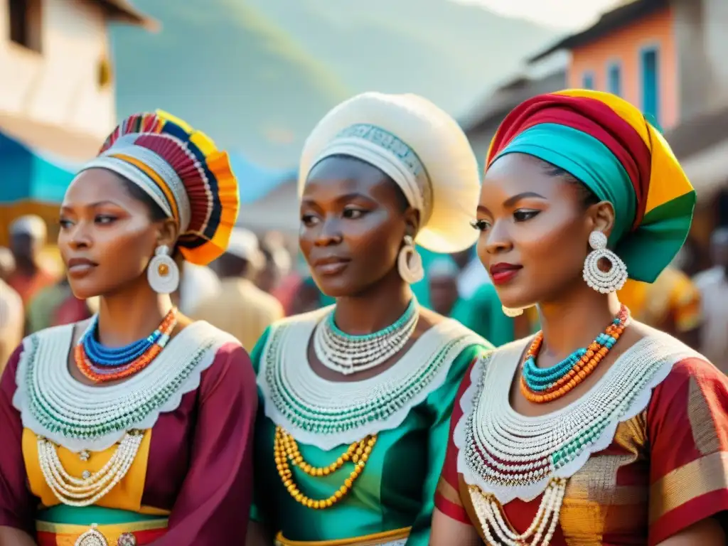 Mujeres Yoruba en Nigeria, vistiendo moda africana en rituales ceremonias, danzan en festival cultural
