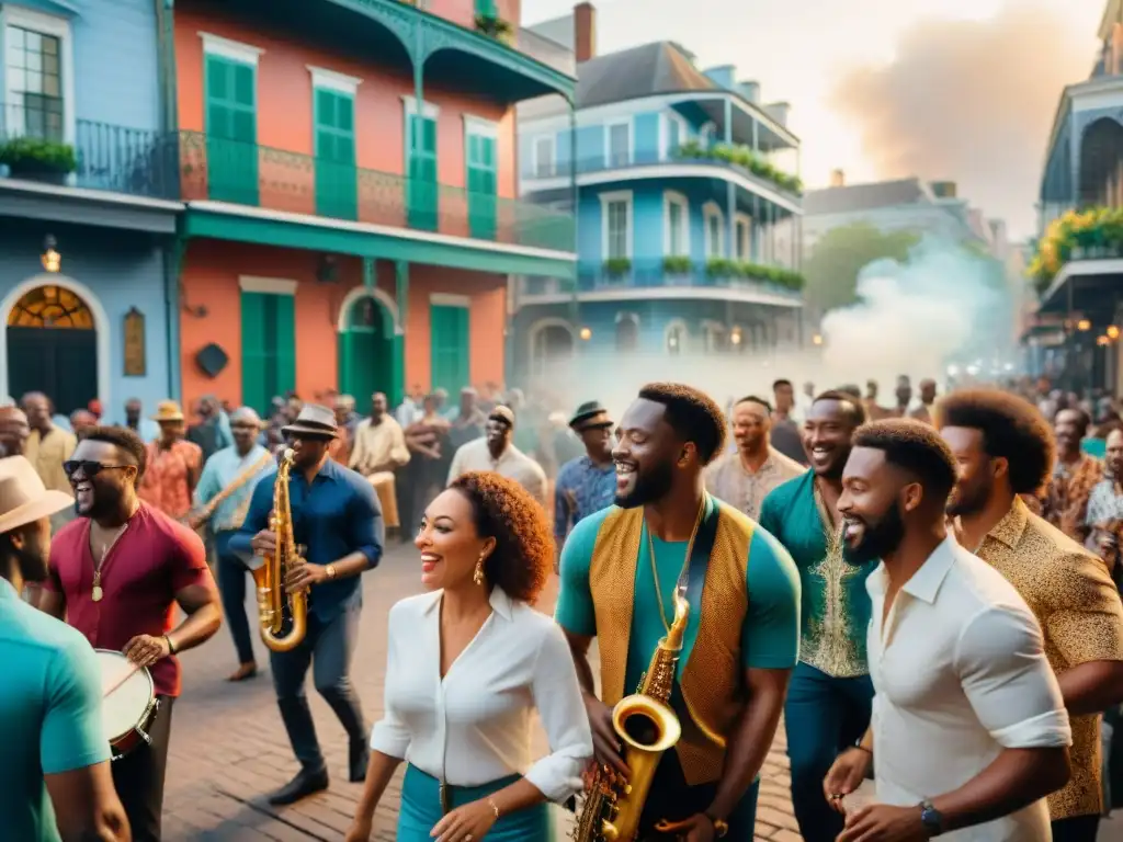 Multitud alegre bailando en festival de jazz en Nueva Orleans, fusionando música africana e influencia en jazz