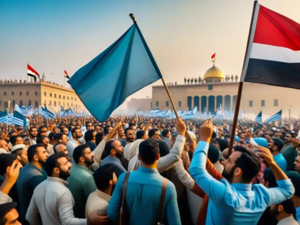 Multitud en la Revolución 1952 de Egipto, ondeando banderas frente al palacio presidencial, expresando determinación y cambio histórico