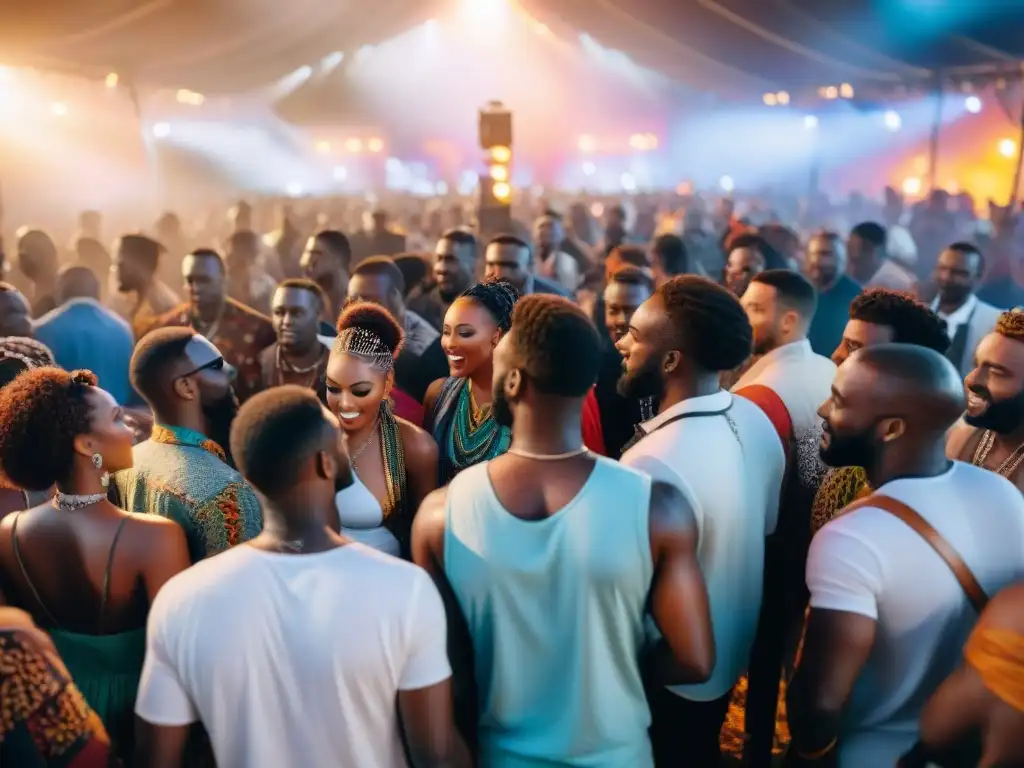 Multitud diversa bailando en festival de música africana, promoviendo intercambio cultural