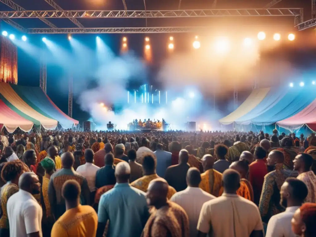 Una multitud diversa disfruta de un festival de música africana con escenario iluminado y decoración tradicional