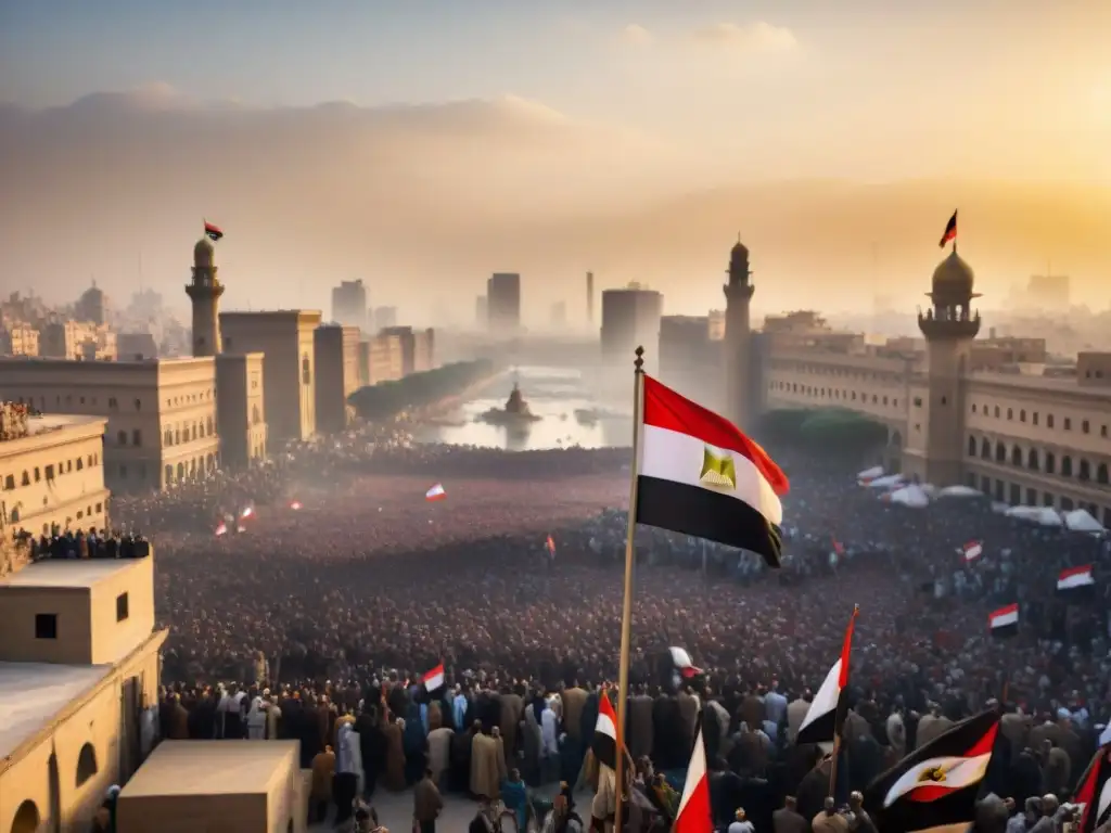 Multitud enardecida en la Plaza Tahrir, Cairo, durante la Revolución de 2011 en Egipto, evocando el legado de independencia desde 1952