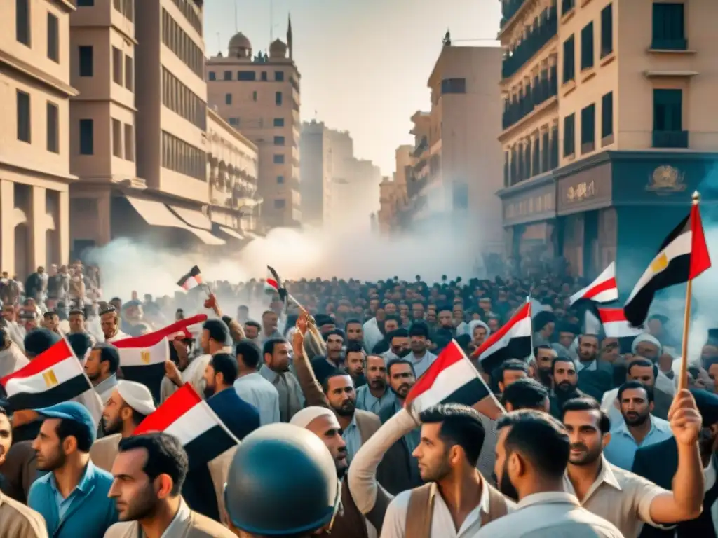 Multitud de manifestantes egipcios marchando por la independencia en la Revolución de 1952 en El Cairo