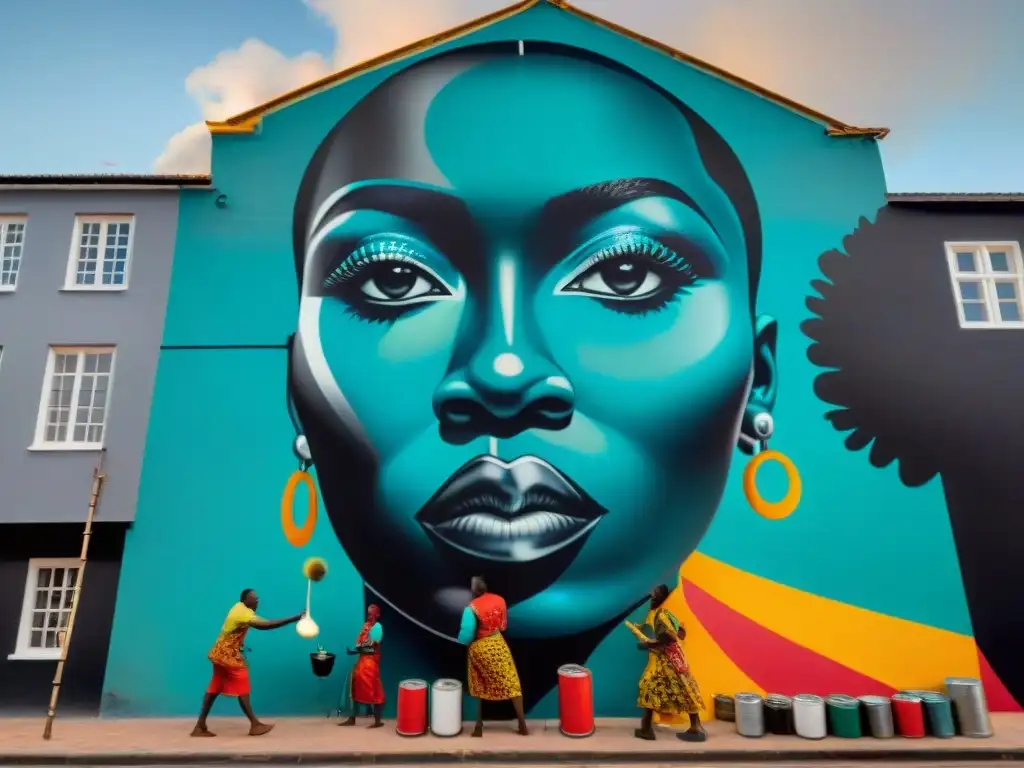 Un mural africano en una vibrante ciudad, artistas pintando escenas de resistencia y esperanza