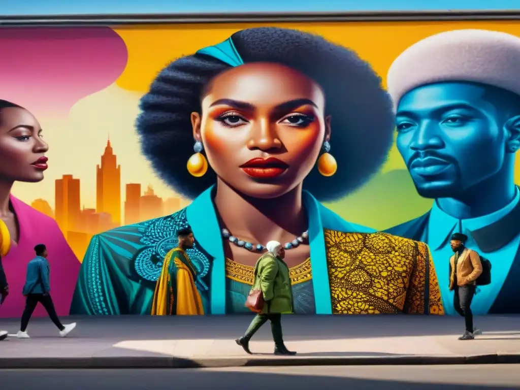 Un mural africano vibrante y detallado que muestra la diversidad y unión en un entorno urbano bullicioso