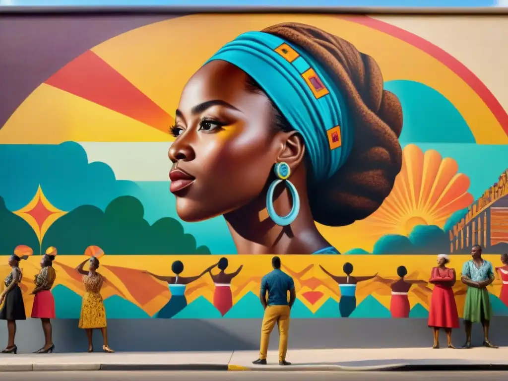 Un mural africano vibrante y detallado, con símbolos de unidad y resistencia