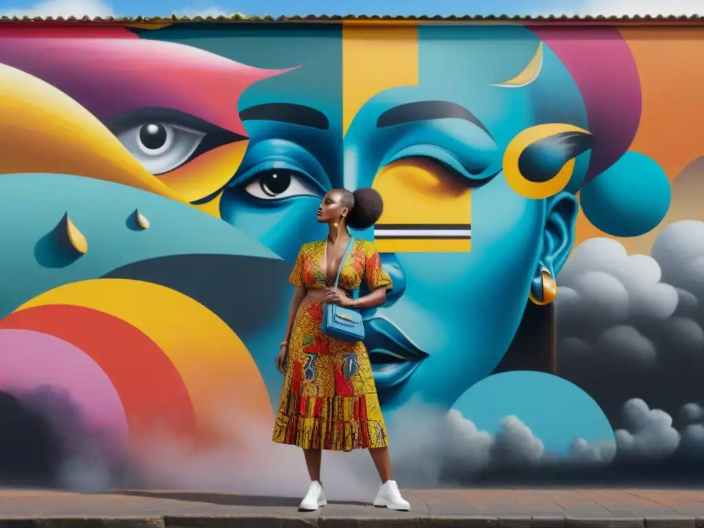 Un mural de arte africano vibrante y detallado que expresa libertad y resistencia contra la censura en una ciudad bulliciosa