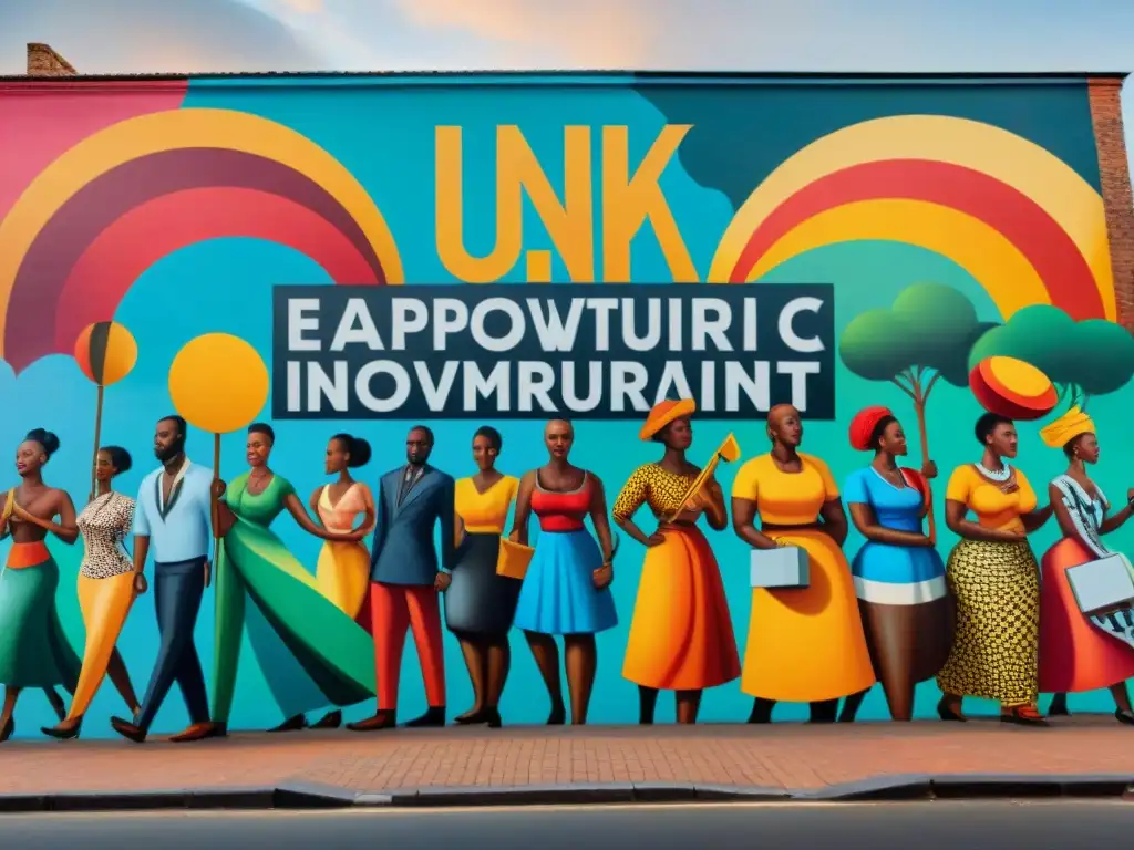 Un mural callejero vibrante en una ciudad africana, representando escenas de activismo social y herencia cultural