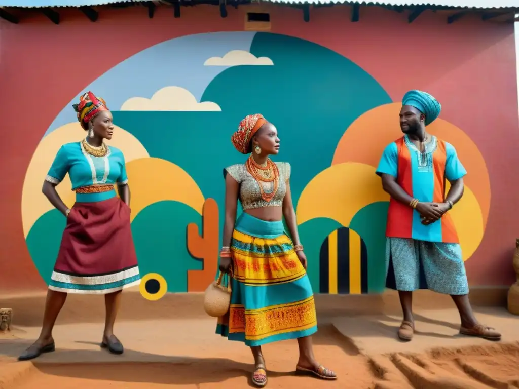 Mural colorido en una aldea africana que muestra roles de género en África precolonial