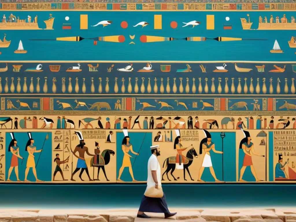 Un mural detallado y colorido muestra la influencia global de civilizaciones africanas en intercambios antiguos entre Egipto y Mesopotamia