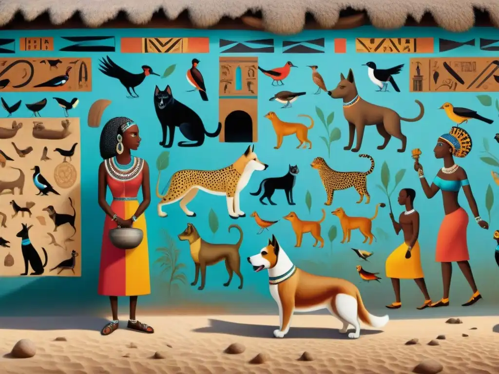 Mural detallado de mascotas en civilizaciones africanas antiguas, con animales domésticos en colores vibrantes y símbolos culturales