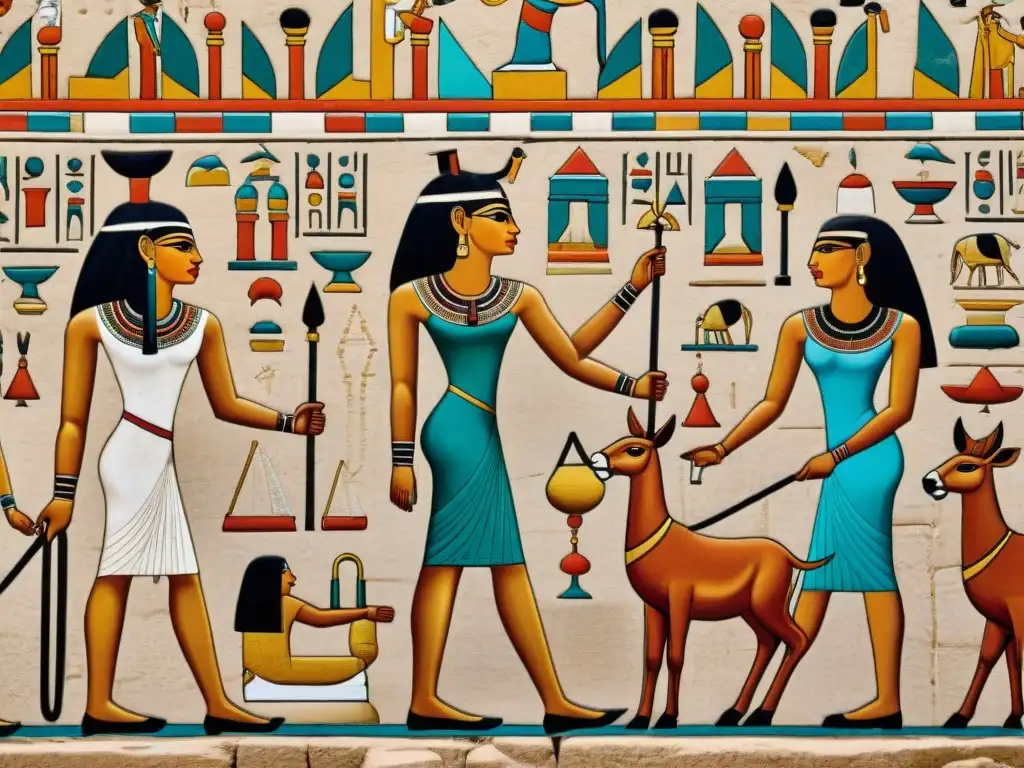 Mural detallado en Karnak Temple mostrando la vida diaria de mujeres en sociedad egipcia y nubia