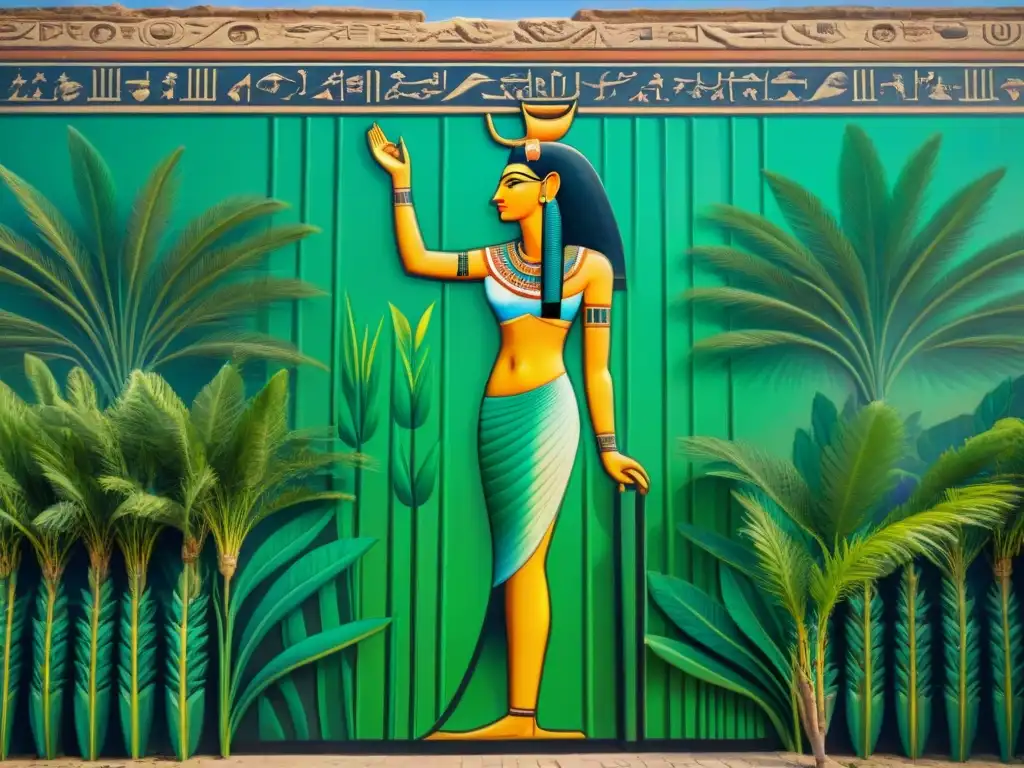 Mural egipcio hierático con la diosa Isis rodeada de vegetación y río Nilo, evocando misterio y reverencia