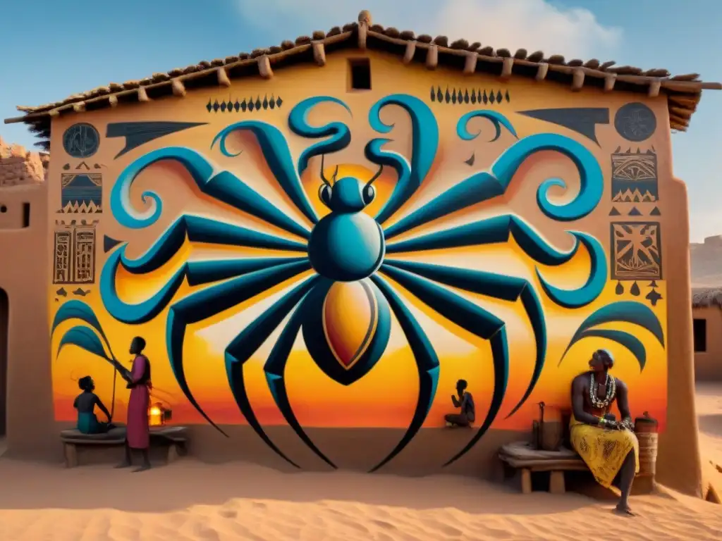 Un mural pintado a mano en una pared de adobe en un pueblo saheliano, con escenas de Mitos y Leyendas del Sahel entre la vida cotidiana bajo el sol del Sahara