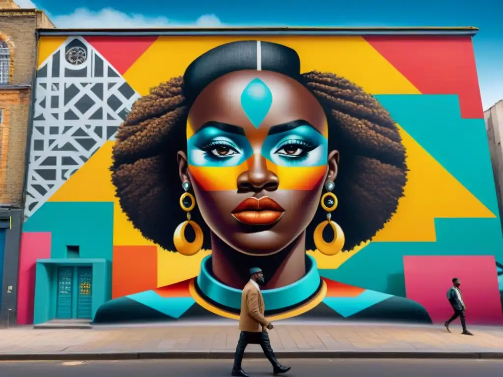 Un mural urbano africano vibrante fusiona arte callejero contemporáneo con raíces estéticas africanas en una ciudad bulliciosa