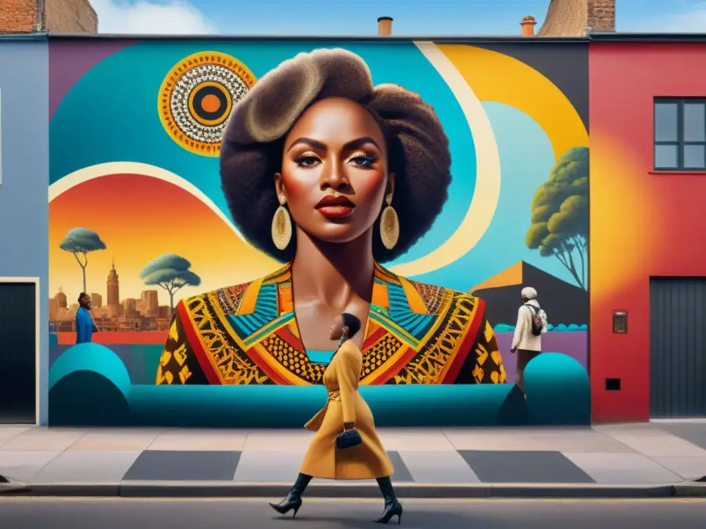 Un mural urbano vibrante que celebra la influencia de la diáspora africana en el arte, con colores y patrones impactantes