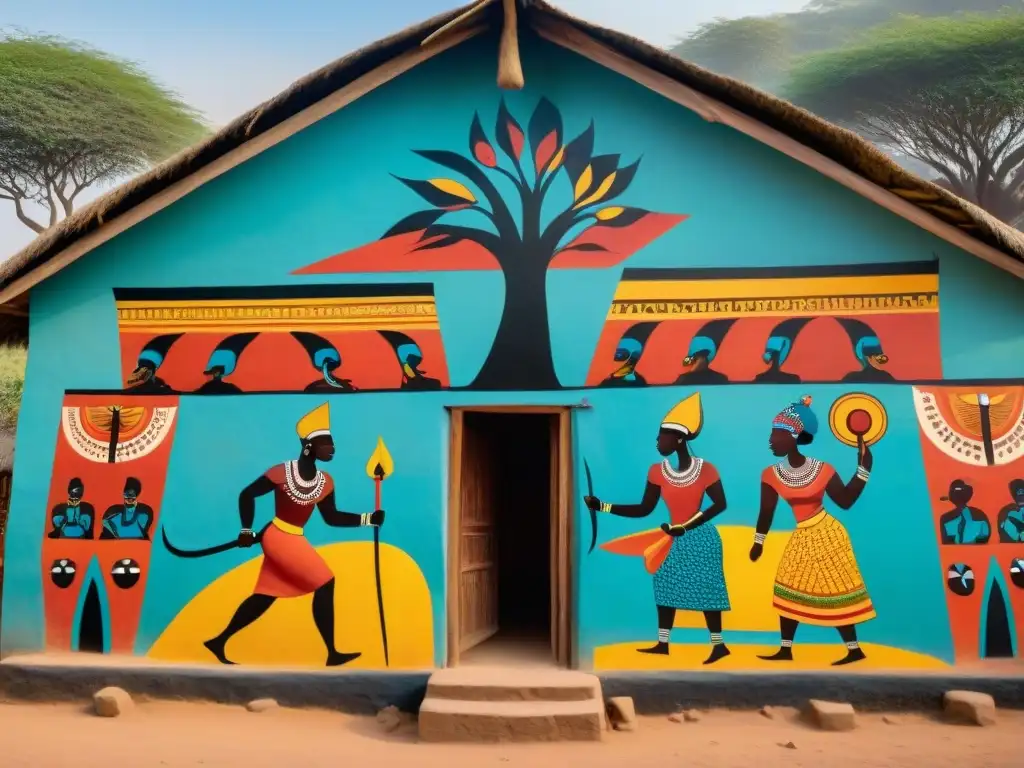 Mural vibrante en cabaña africana con relatos fundacionales civilizaciones África Central