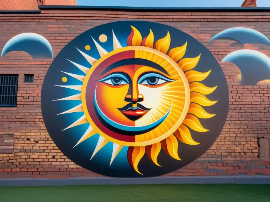 Un mural vibrante en una ciudad africana con sol, luna y arte tribal, simbolizando la conexión ancestral entre ambos