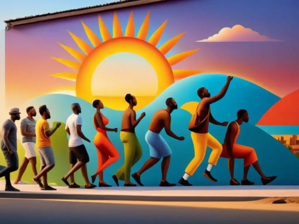 Un mural vibrante en una comunidad africana, reflejando la diversidad y armonía en un proyecto comunitario de arte transformación en África