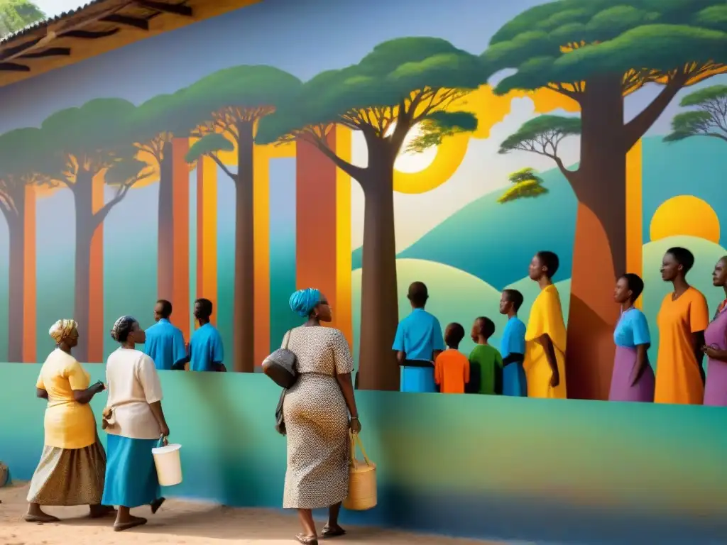 Un mural vibrante y detallado en África, donde la comunidad crea arte juntos