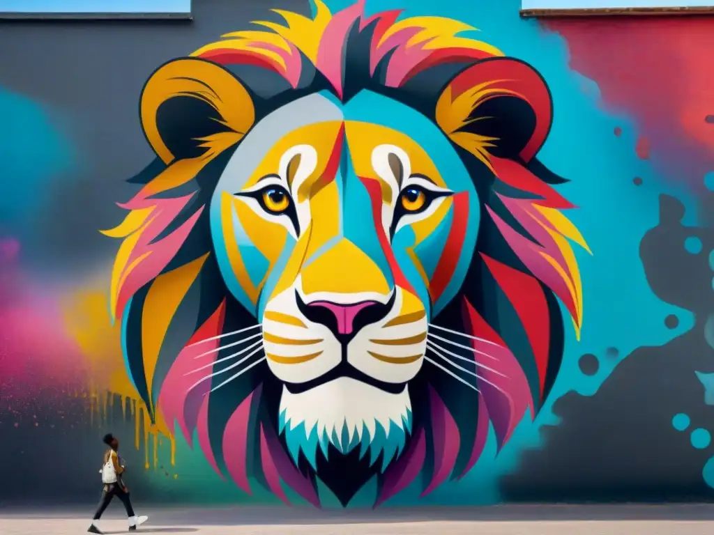 Un mural vibrante de un león simbolizando fuerza y coraje, rodeado de arte urbano en ciudades africanas