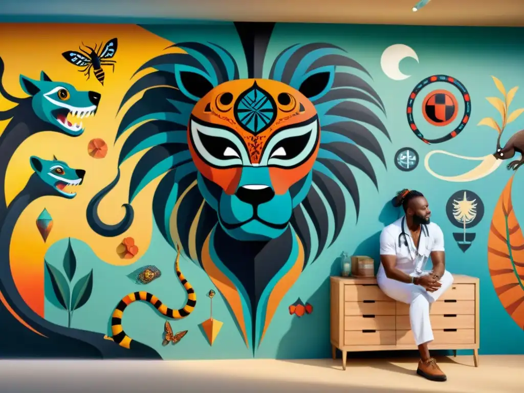 Un mural vibrante de mitología africana entrelazada con símbolos médicos modernos, pintado por un grupo diverso