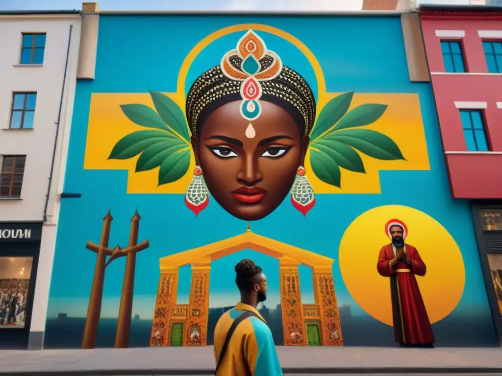 Un mural vibrante fusiona el Panteón africano en sincretismo con santos cristianos en una bulliciosa calle urbana