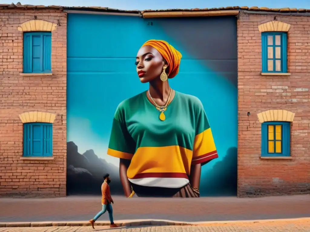 Mural vibrante en pared de ladrillo en ciudad africana, fusionando arte urbano con cultura local