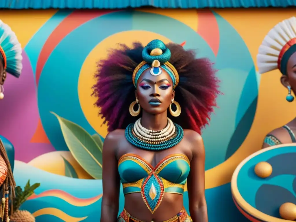 Mural vivo de Mami Wata, deidad sincretismo africana, rodeada de símbolos y cultura africana en un bullicioso mercado