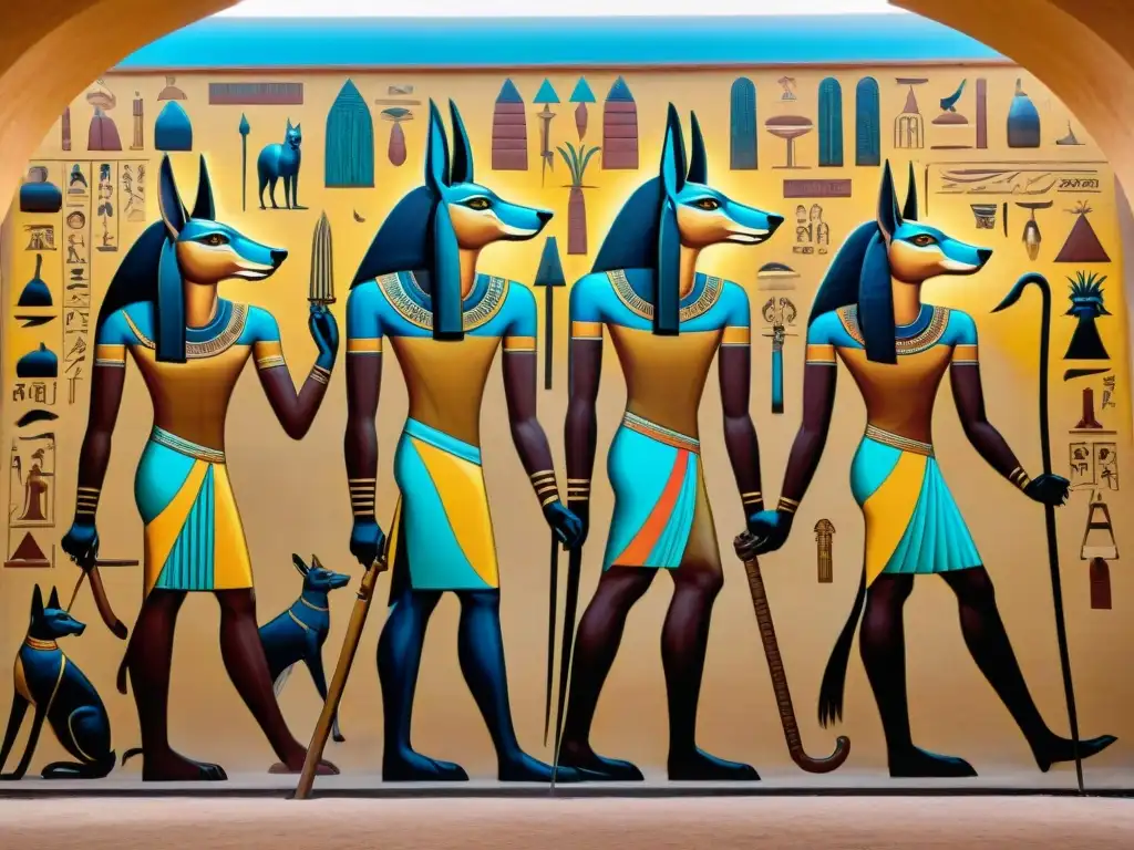 Murales detallados mostrando a Anubis, guía de almas en la mitología egipcia, resaltando animales en mitología africana