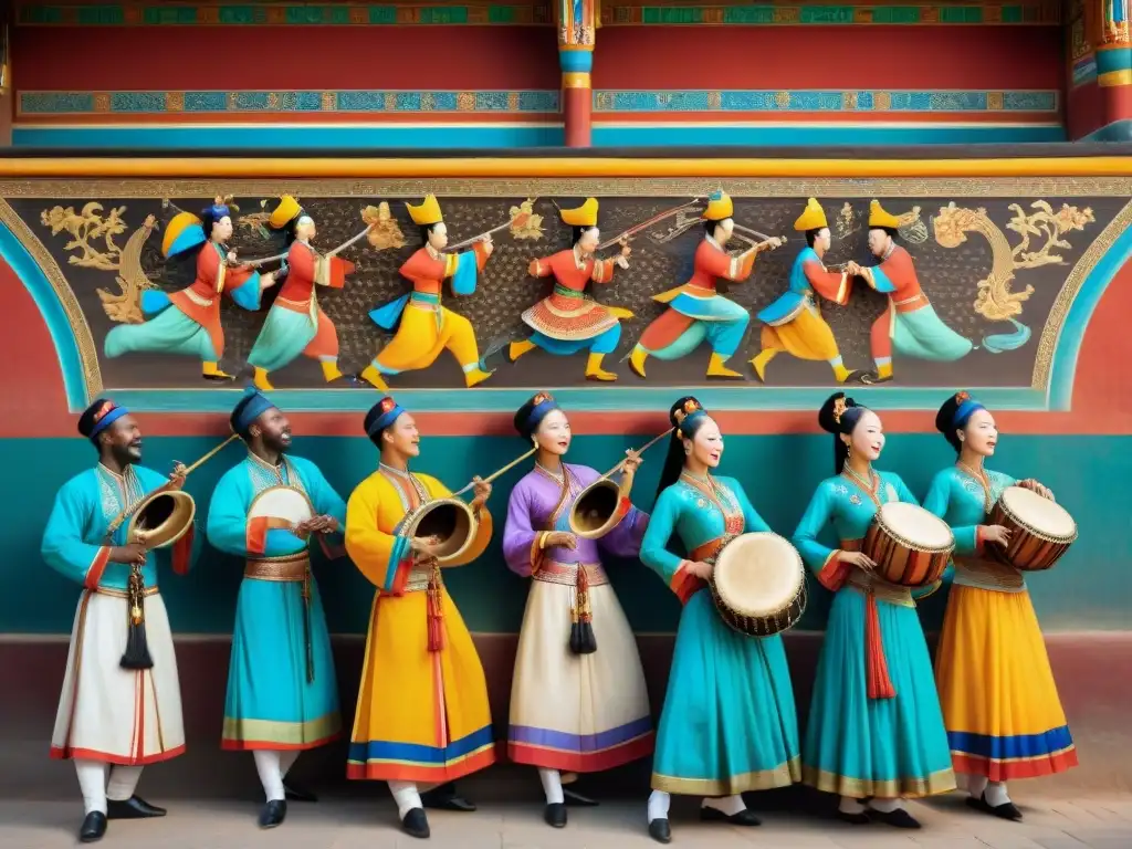 Murales detallados de músicos y bailarines en la corte real del Imperio Songhai