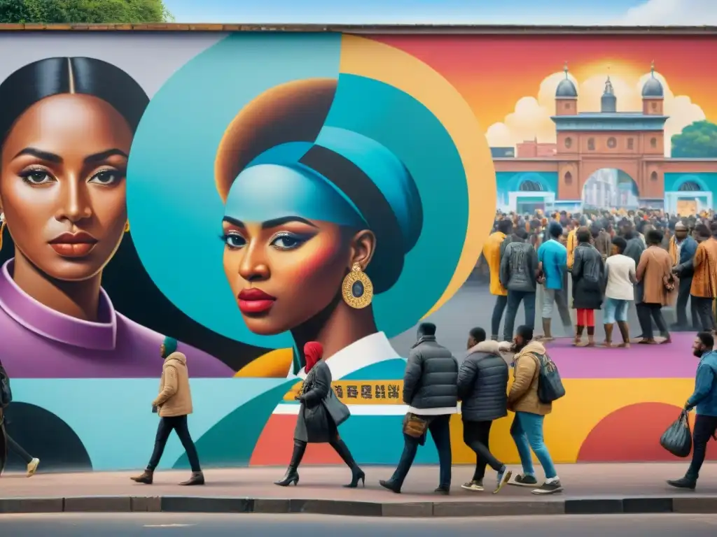 Murales vibrantes de arte callejero en una bulliciosa ciudad africana