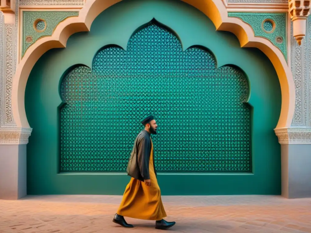 Muro de mosaico en Marruecos fusionando patrones geométricos islámicos con motivos tribales africanos, destacando la influencia del Islam en África