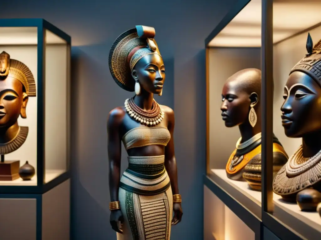 Un museo iluminado de forma tenue exhibe artefactos africanos antiguos en vitrinas, destacando la repatriación de artefactos africanos