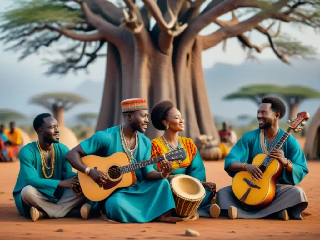 Música en la reconciliación africana: Músicos africanos tocan bajo un baobab, creando armonía en una aldea serena