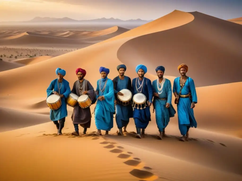 Música de los pueblos nómadas de África tocando instrumentos en el desierto del Sahara