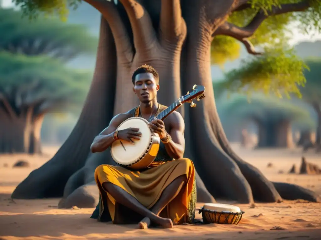 Un músico africano toca la kora bajo un baobab con luz dorada filtrándose entre las hojas