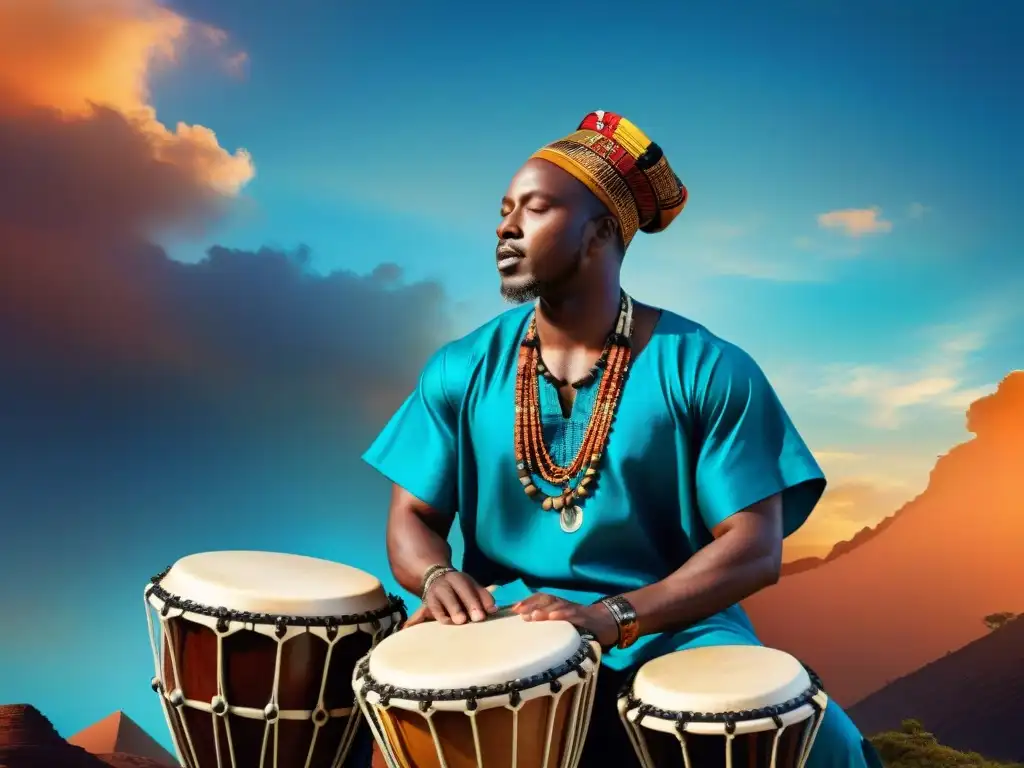 Un músico africano maestro rodeado de instrumentos únicos de África, demostrando su pasión y habilidad