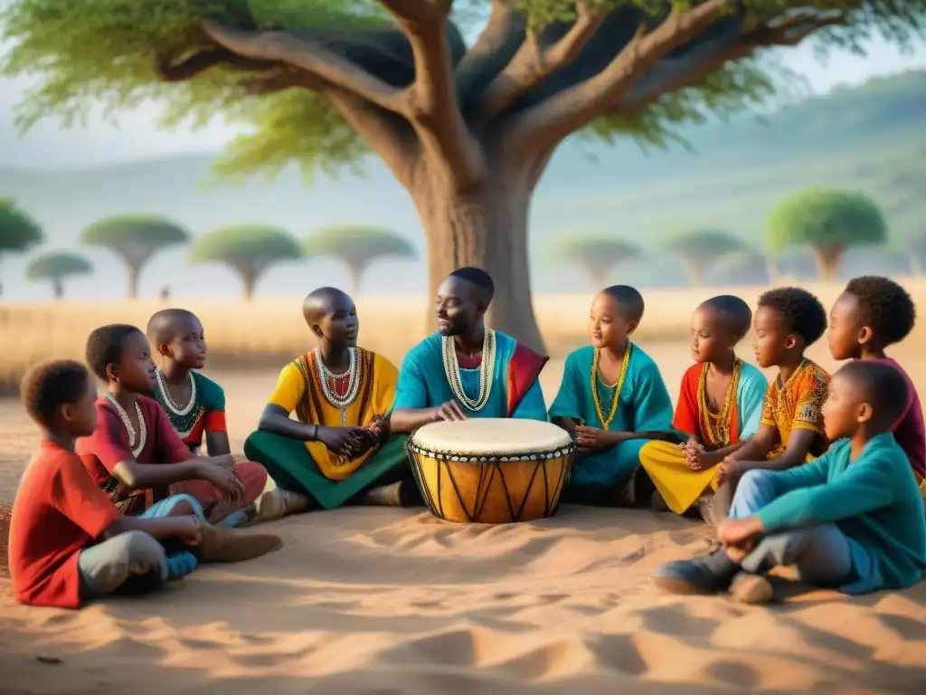 Un músico africano enseña a niños bajo un árbol, tocando un tambor djembe