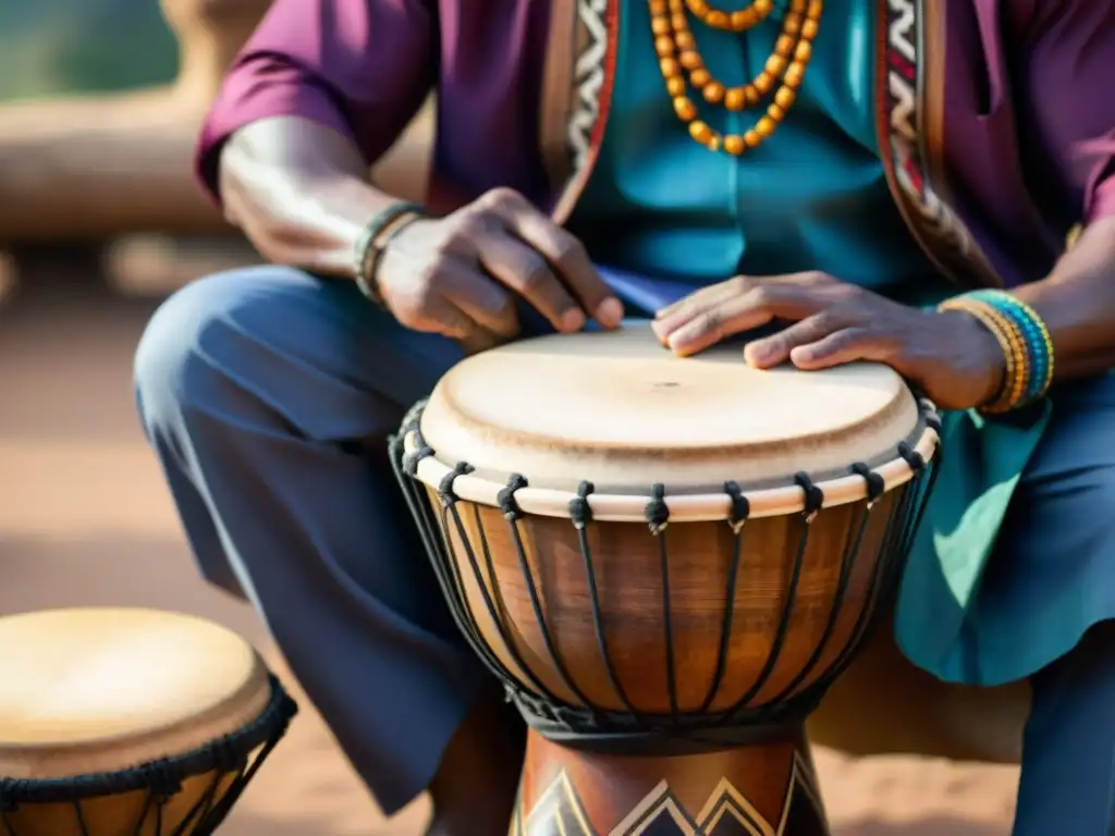 Un músico toca un tambor Djembe en un entorno africano tradicional, destacando los intrincados detalles del instrumento