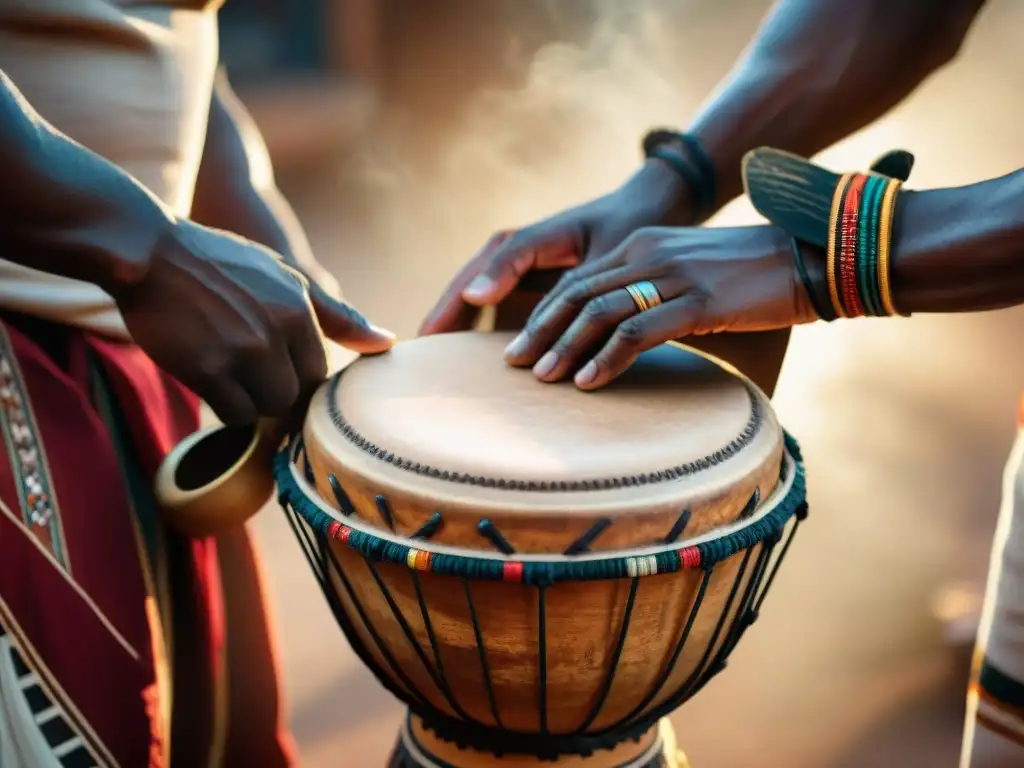 Un músico experto toca un tambor Djembe, mostrando carvings detallados y una intensa emoción