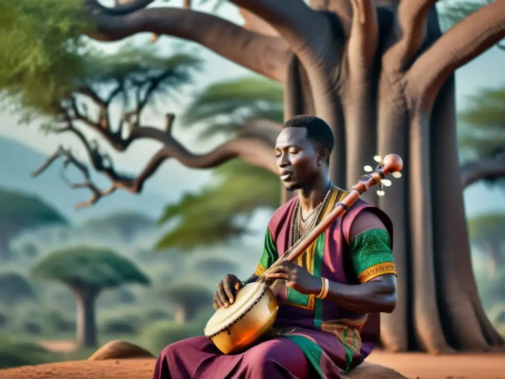 Un músico habilidoso toca la Kora bajo un Baobab, llenando el aire con melodías