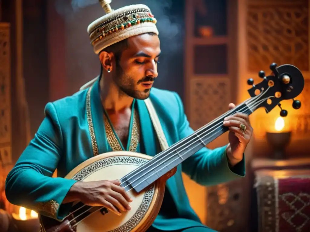 Emotiva actuación de músico Gnawa tocando el guembri en Marruecos Un músico Gnawa marroquí tocando el guembri en un ambiente místico con influencia música africana cultura árabe