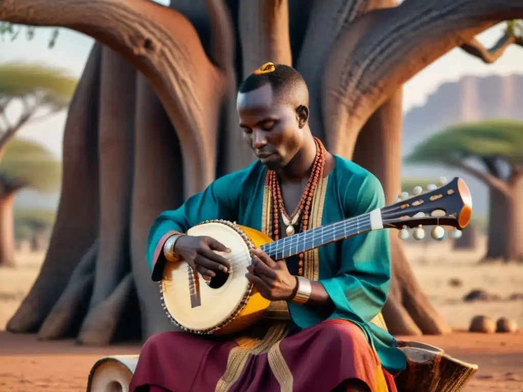 Un músico de kora en la sabana africana al atardecer, tocando con destreza