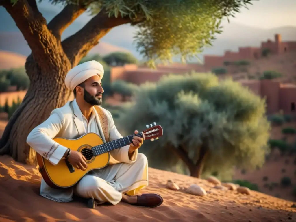 Músico marroquí tocando el oud al atardecer en el Atlas Un músico tradicional marroquí toca el oud bajo un olivo en el Atlas, con el sol poniéndose y una cálida luz dorada