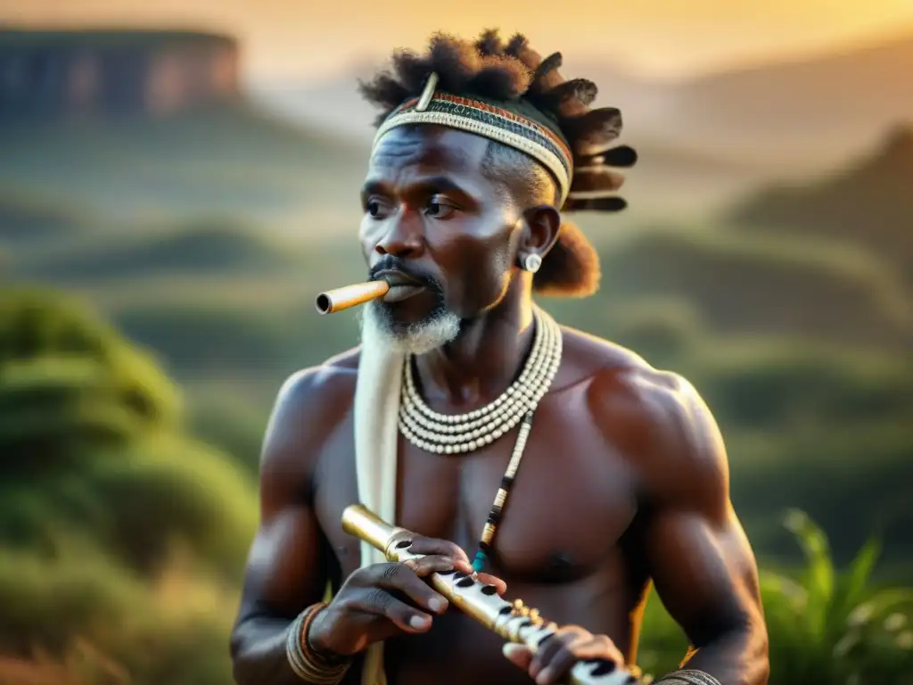 Un músico tribal africano tocando una flauta de marfil tallada con patrones tribales, en la sabana al atardecer