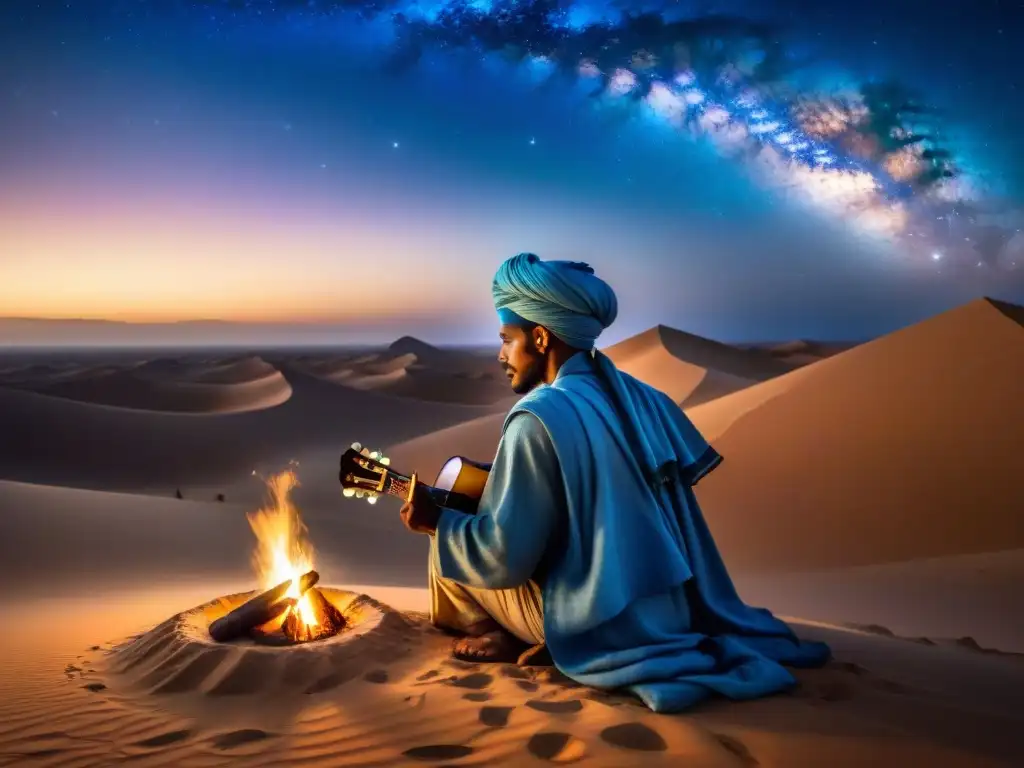 Un músico Tuareg tocando una guitarra tradicional en el desierto del Sahara bajo un cielo estrellado